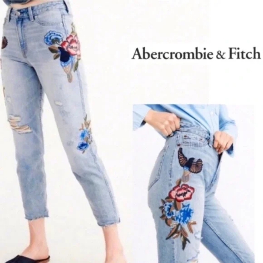 27 Abercrombie & Fitch Straight Leg Cropped Jean Floral Embroidery Hippie Boho
